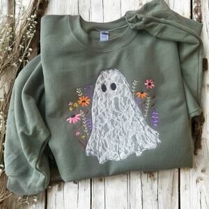 Size Small Military Green Floral Ghost Embroidered Sweatshirt